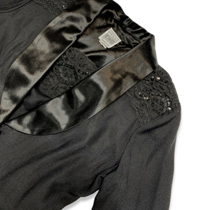 Vintage Black 2pc Button up jacket and dress with lace and sequin embellishment on shoulders of jacket and on the front of the dress. Measured Flat Chest - 38" Sleeve - 23 1/2" Length - 33"