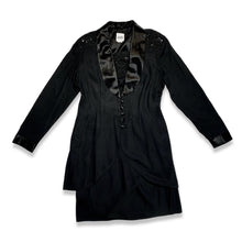 Load image into Gallery viewer, Vintage Black 2pc Button up jacket and dress with lace and sequin embellishment on shoulders of jacket and on the front of the dress. Measured Flat Chest - 38&quot; Sleeve - 23 1/2&quot; Length - 33&quot;