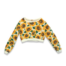 Load image into Gallery viewer, Bask in the sun with our 36 Point 5 Sunflower Sweatshirt. This cropped sweatshirt features a playful and quirky all-over sunflower print. Measured flat at 31&quot; chest, 24 1/2&quot; sleeves, and 16 1/2&quot; length. Perfect for adding a touch of fun to any outfit!