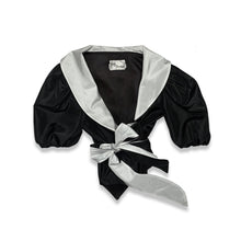 Load image into Gallery viewer, Vintage Designer Couture Tally Boutique dressy Black and white Taffeta blouse with tie belt.  Measured Flat   Chest - 35&quot;  Sleeve - 14&quot;     Length - 24&quot;