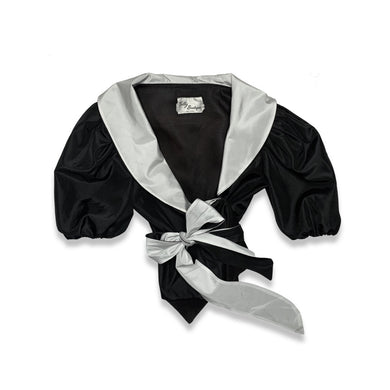 Vintage Designer Couture Tally Boutique dressy Black and white Taffeta blouse with tie belt.  Measured Flat   Chest - 35